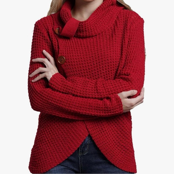 NWOT Cowlneck Overlap Knit Sweater Size Large Burgundy Wine Red Button Neck - Picture 3 of 8